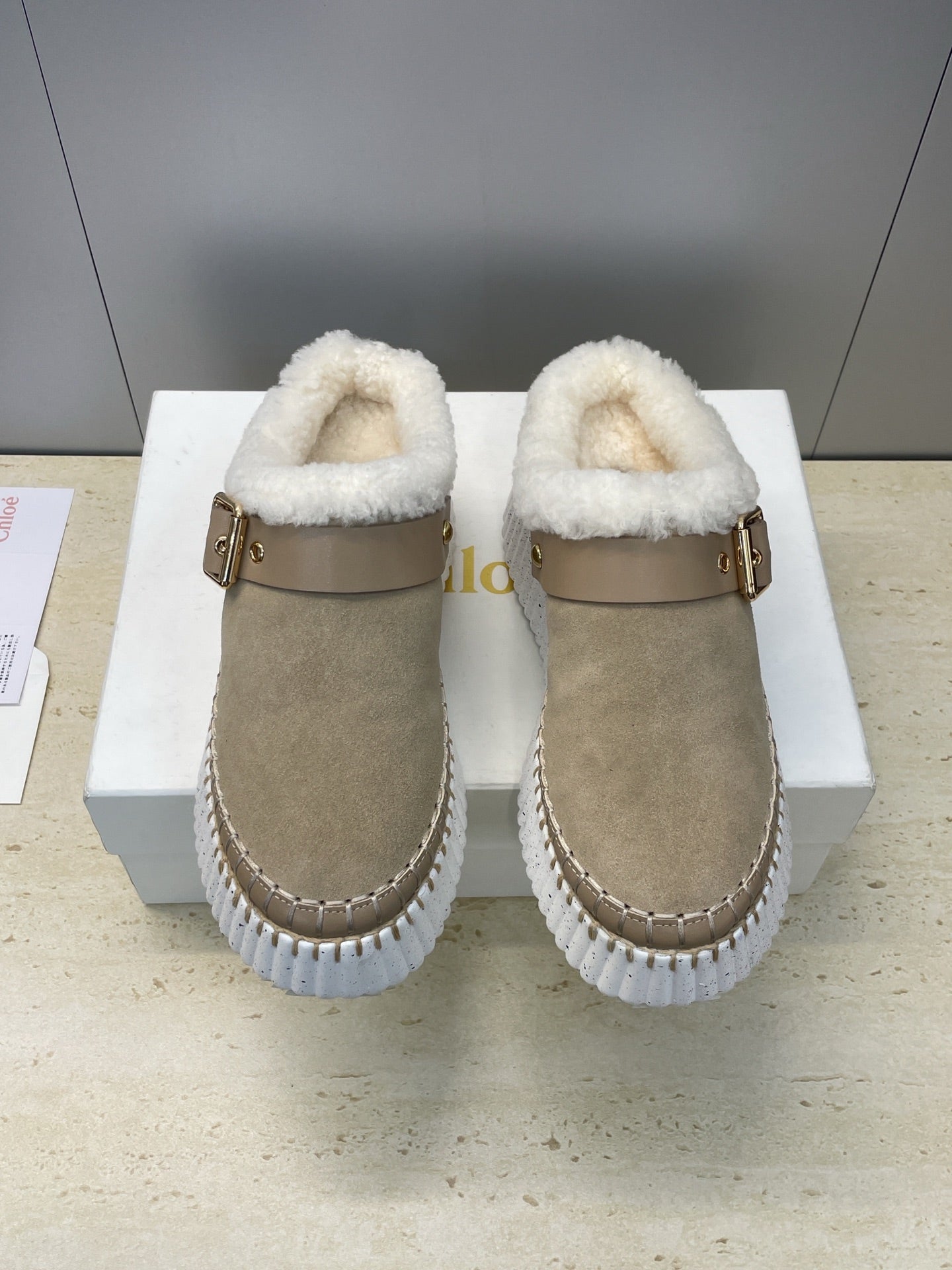 CHLOÉ 26S FUR-LINED WEDGE MULES IN DARK BEIGE SUEDE