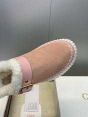 CHLOÉ 26S FUR-LINED WEDGE MULES IN LIGHT PINK SUEDE