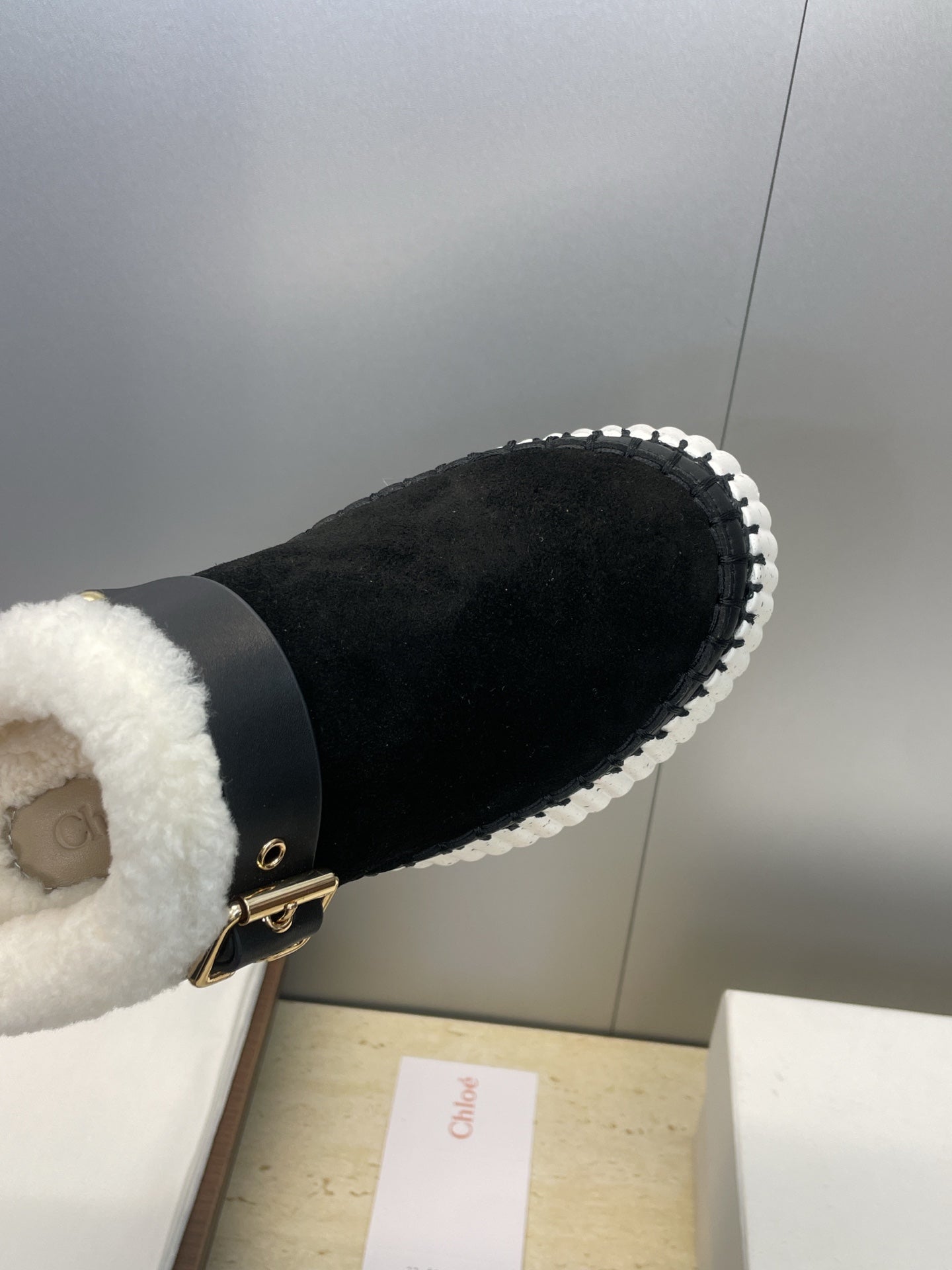 CHLOÉ 26S FUR-LINED WEDGE MULES IN BLACK SUEDE