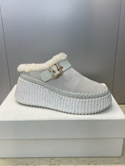 CHLOÉ 26S FUR-LINED WEDGE MULES IN LIGHT GREY SUEDE