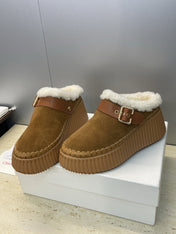 CHLOÉ 26S FUR-LINED WEDGE MULES IN BROWN SUEDE