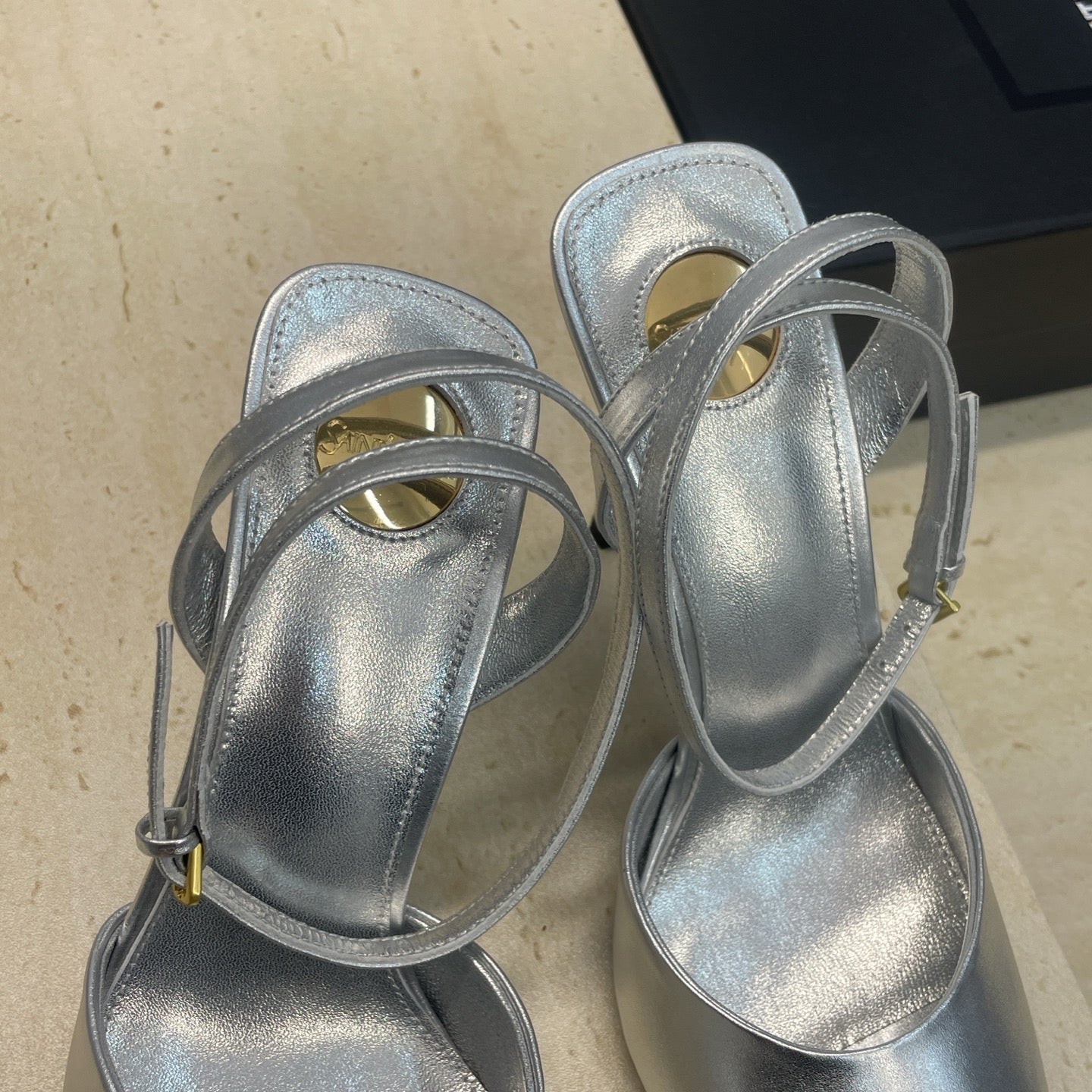 YSL 26S HEELED SANDALS 95 MM IN SILVER CALFSKIN