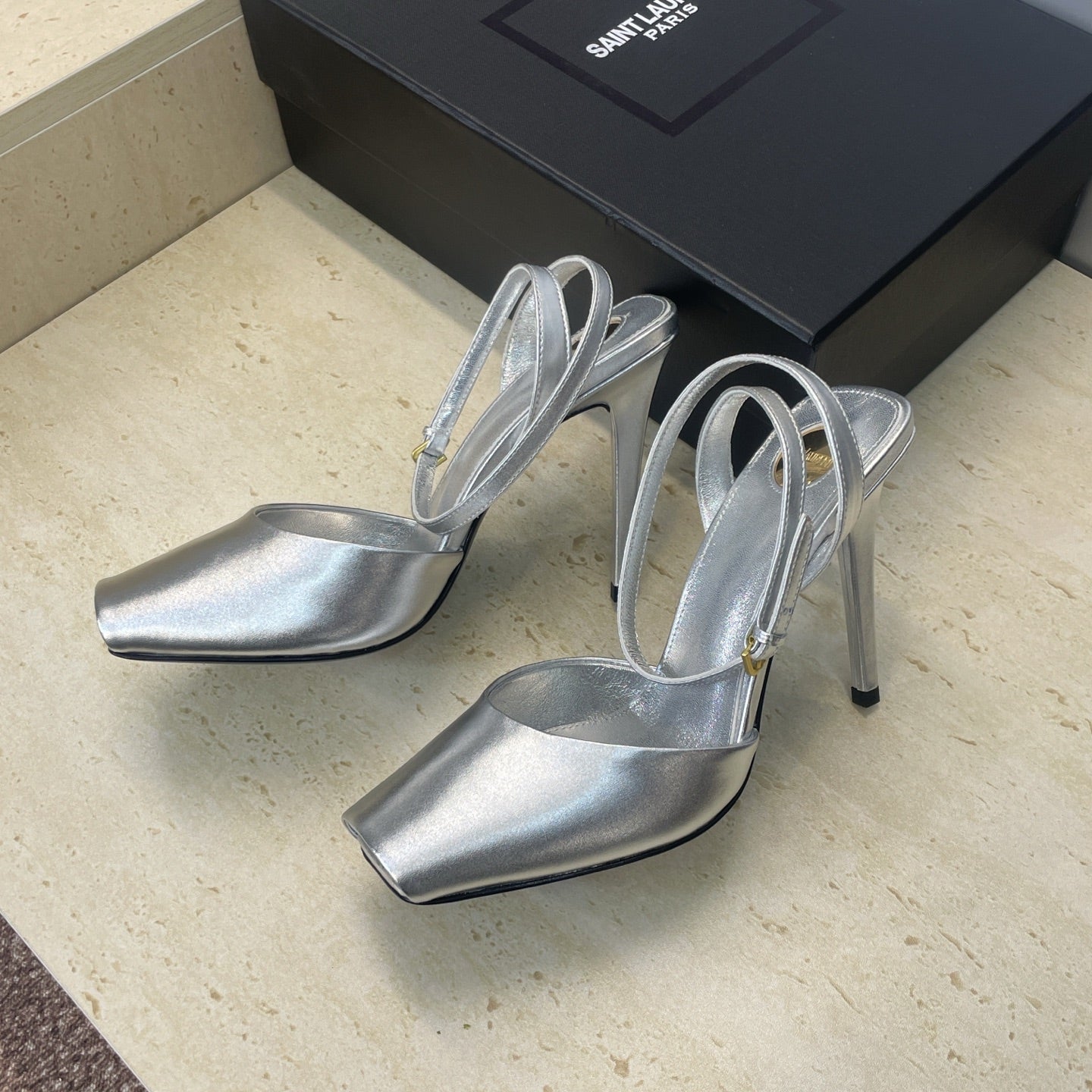 YSL 26S HEELED SANDALS 95 MM IN SILVER CALFSKIN