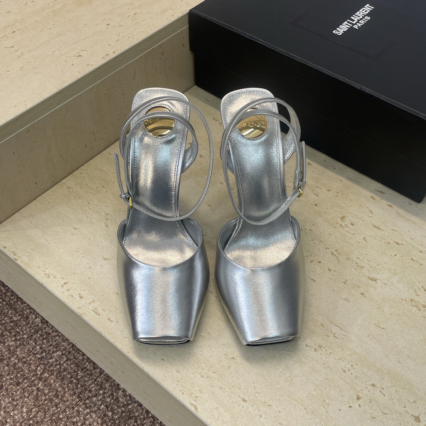 YSL 26S HEELED SANDALS 95 MM IN SILVER CALFSKIN