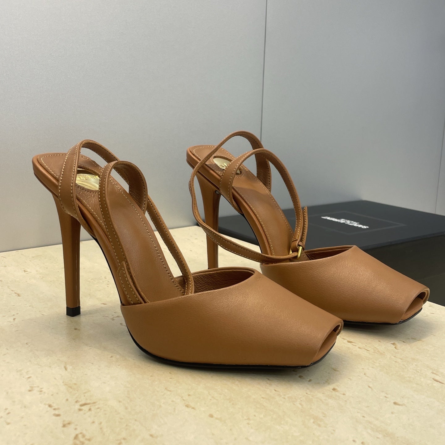 YSL 26S HEELED SANDALS 95 MM IN BROWN CALFSKIN