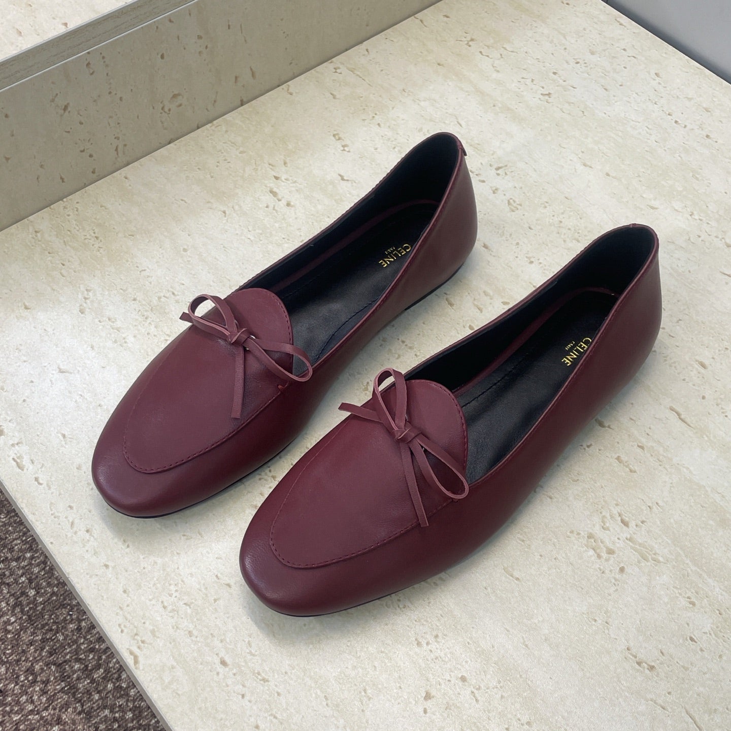 CELINE 26S BALLET FLATS IN DARK RED LAMBSKIN WITH BOW