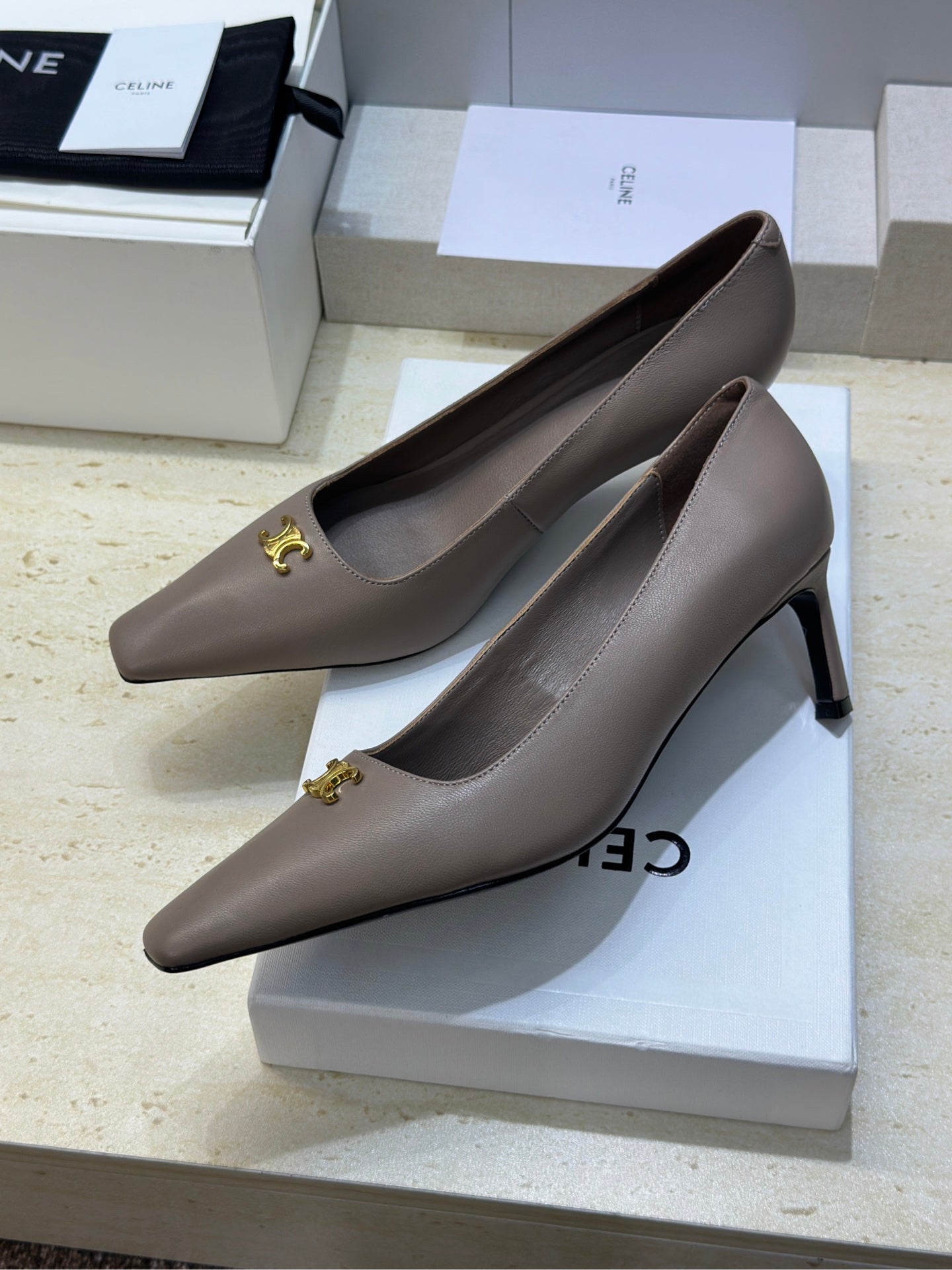 CELINE 26S HIGH HEELS 65 MM IN BEIGE GREY CALFSKIN