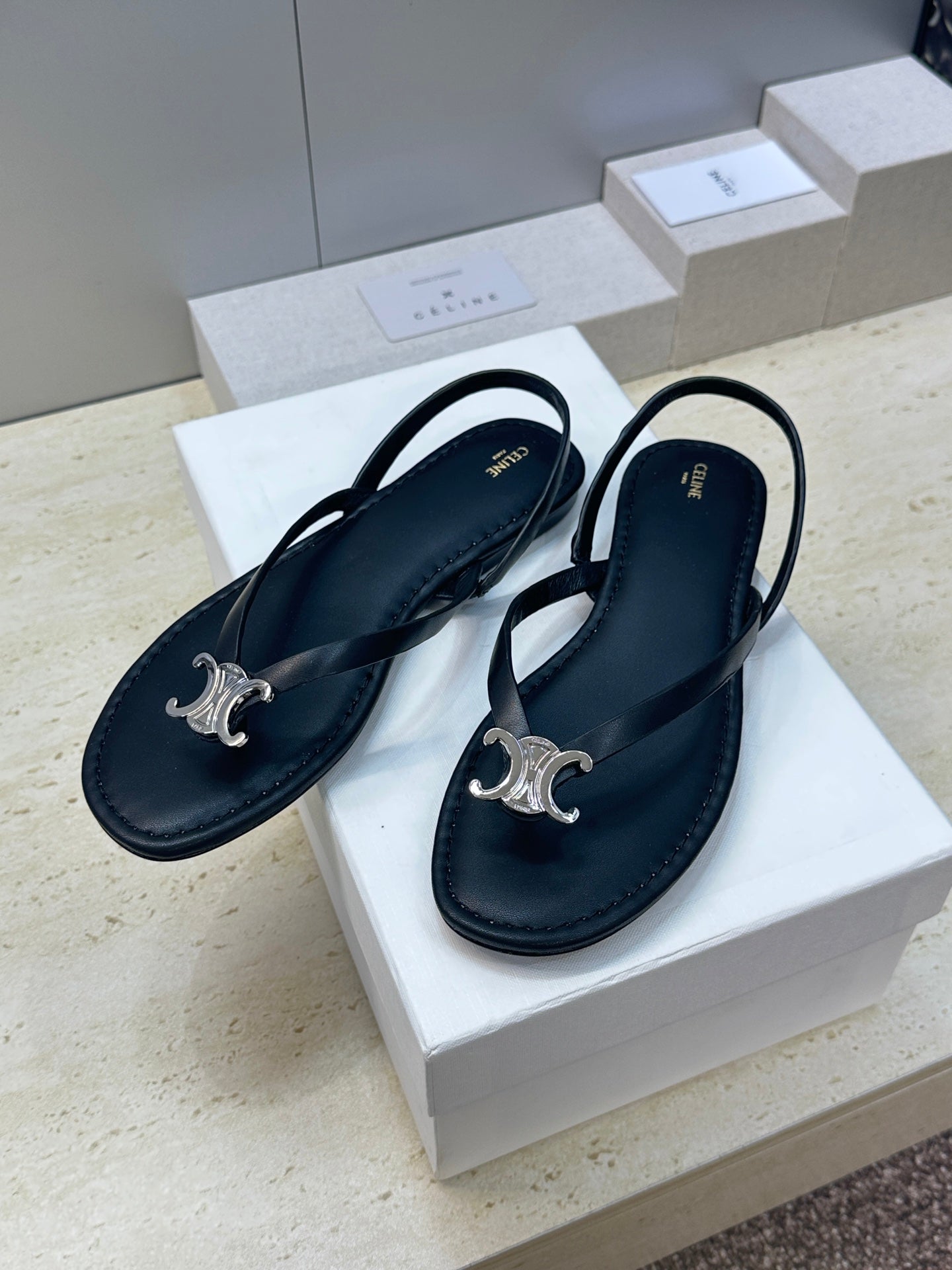 CELINE 26S THONG SANDALS IN BLACK CALFSKIN