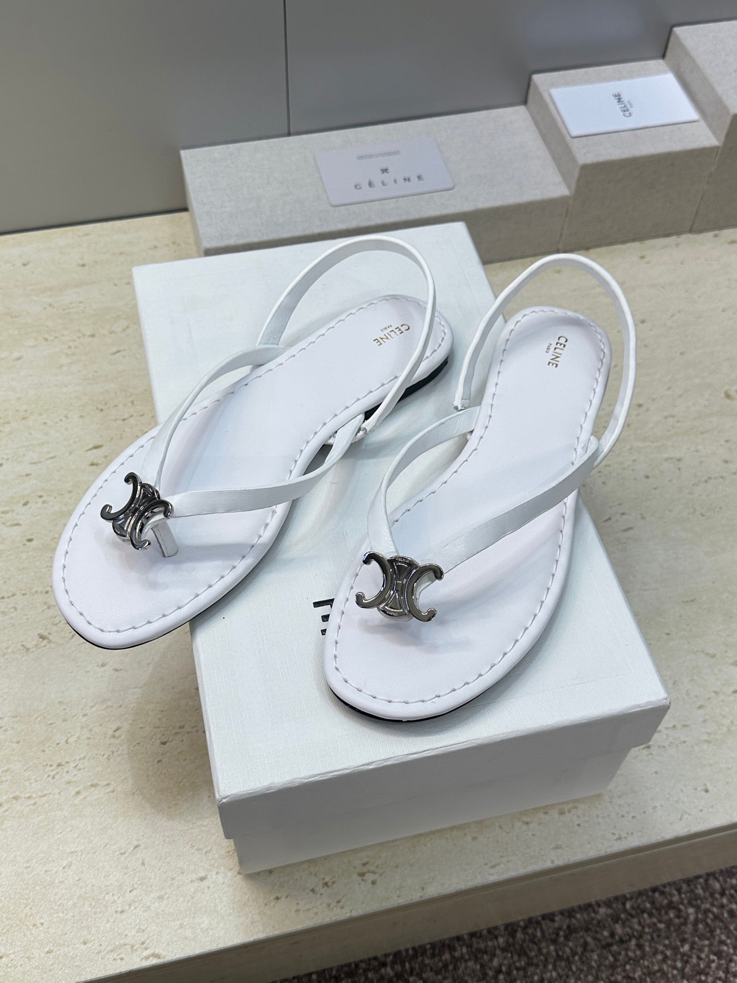 CELINE 26S THONG SANDALS IN WHITE CALFSKIN
