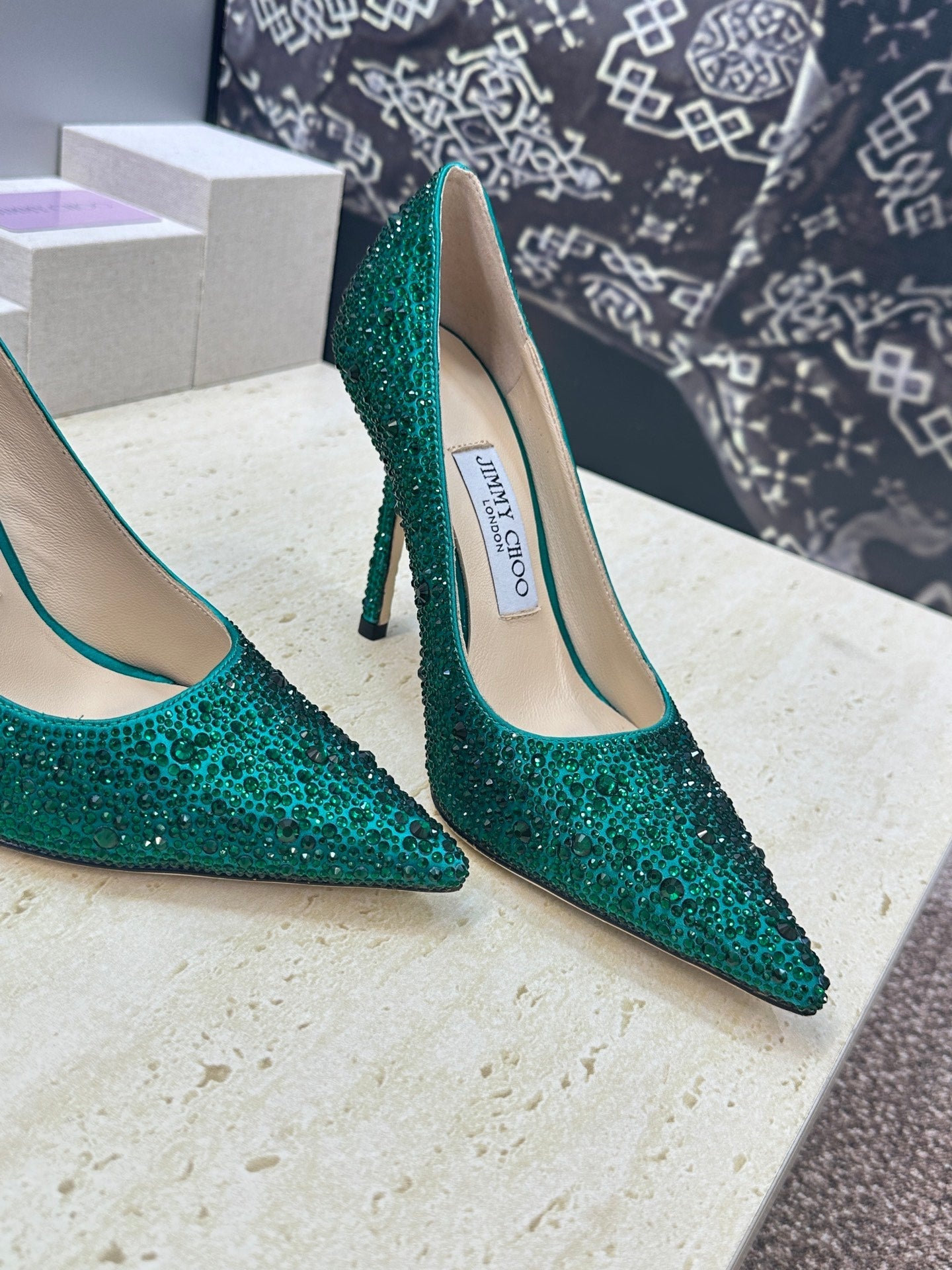 JIMMY CHOO 26S HIGH HEELS 95 MM IN GREEN CRYSTAL-EMBELLISHED