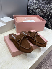 MIUMIU 26S SNEAKER MULES IN DARK BROWN SUEDE WITH BOW