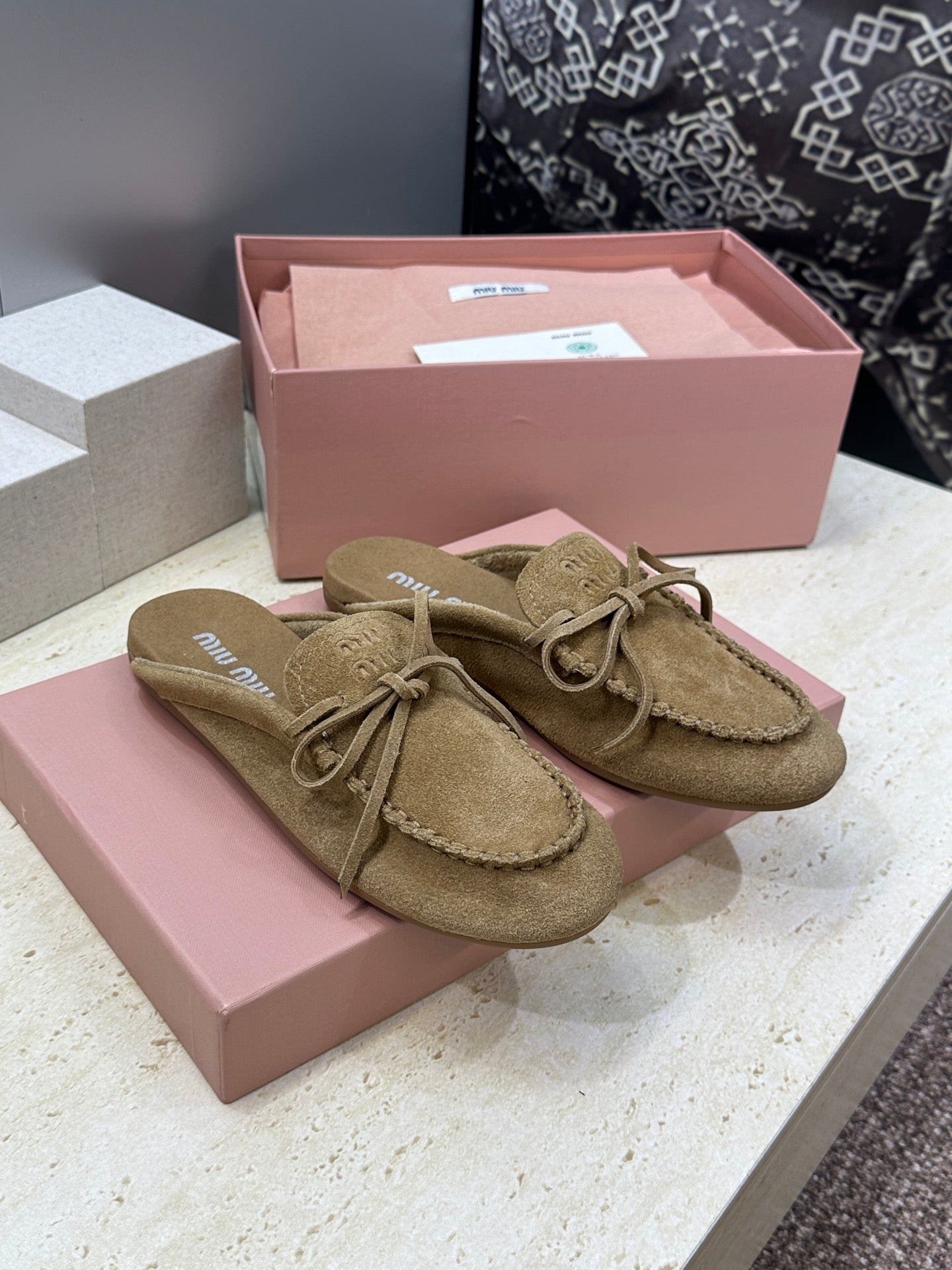 MIUMIU 26S SNEAKER MULES IN OLIVE BROWN SUEDE WITH BOW