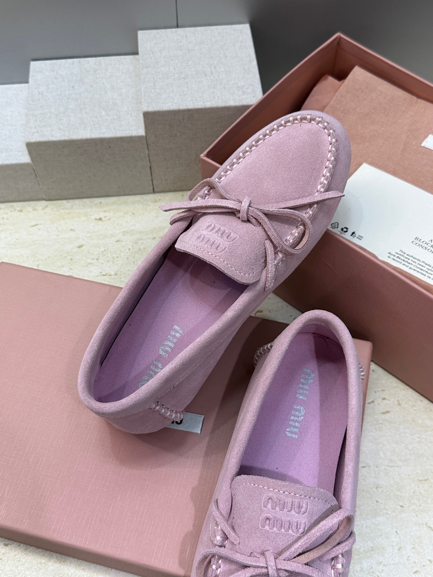 MIUMIU 26S LOAFERS IN LIGHT PURPLE SUEDE WITH BOW