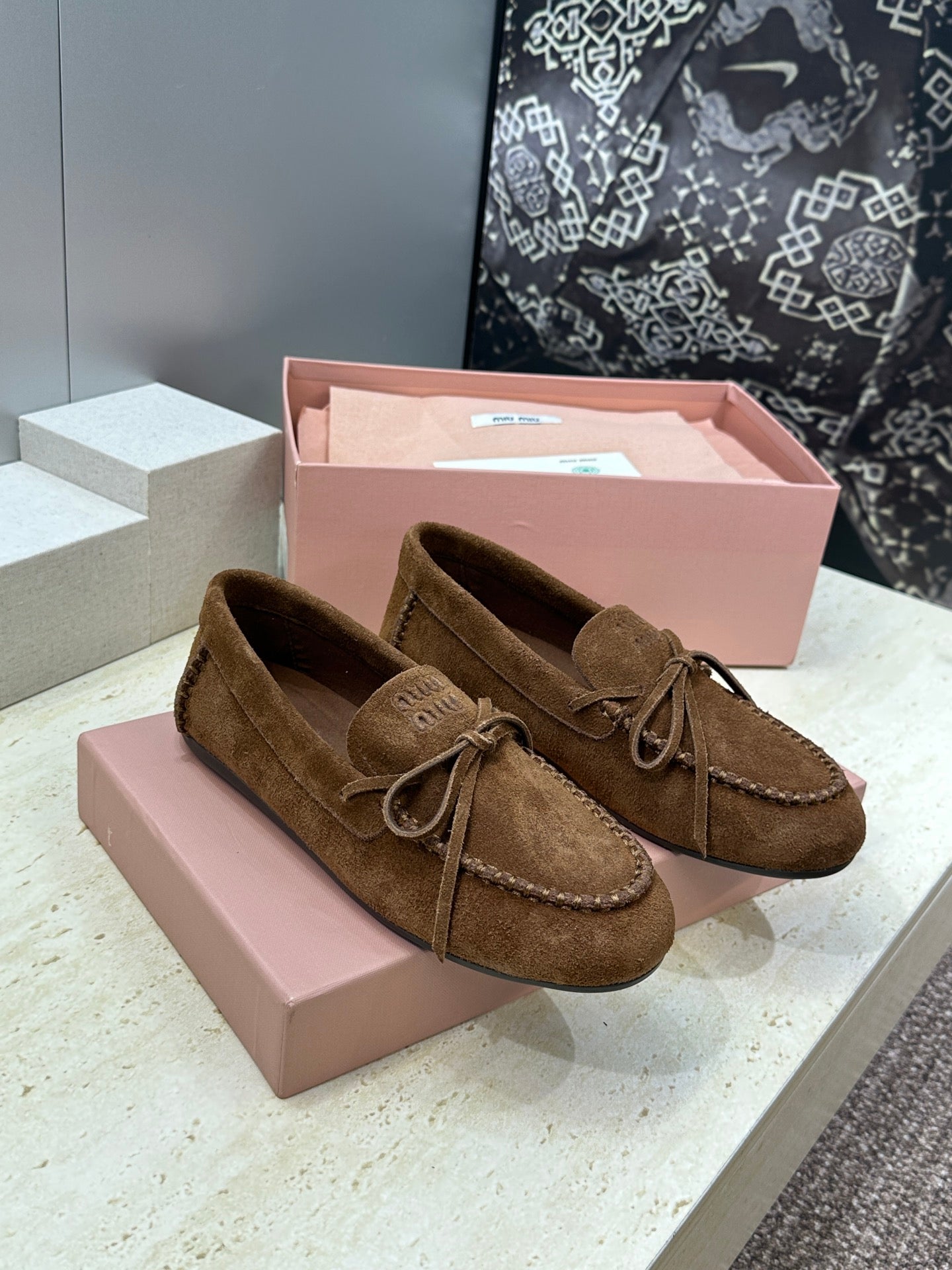MIUMIU 26S LOAFERS IN DARK BROWN SUEDE WITH BOW