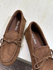 MIUMIU 26S LOAFERS IN DARK BROWN SUEDE WITH BOW