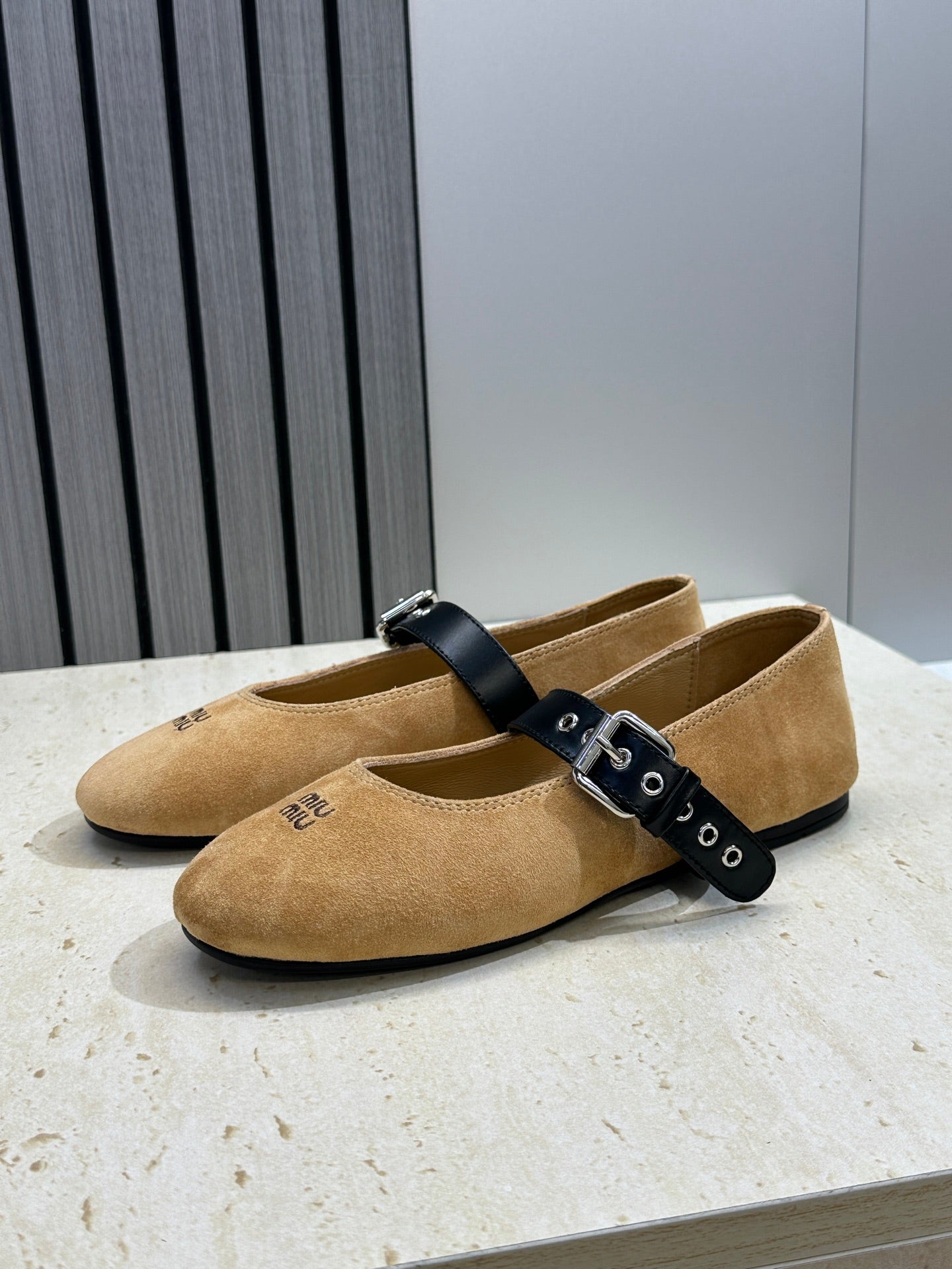 MIUMIU 26S MARY JANE FLATS IN TAN BROWN SUEDE WITH BUCKLE STRAP CALFSKIN