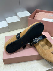 MIUMIU 26S MARY JANE FLATS IN TAN BROWN SUEDE WITH BUCKLE STRAP CALFSKIN