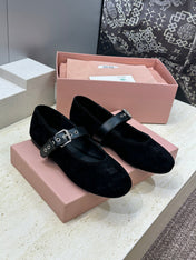 MIUMIU 26S MARY JANE FLATS IN BLACK SUEDE WITH BUCKLE STRAP CALFSKIN