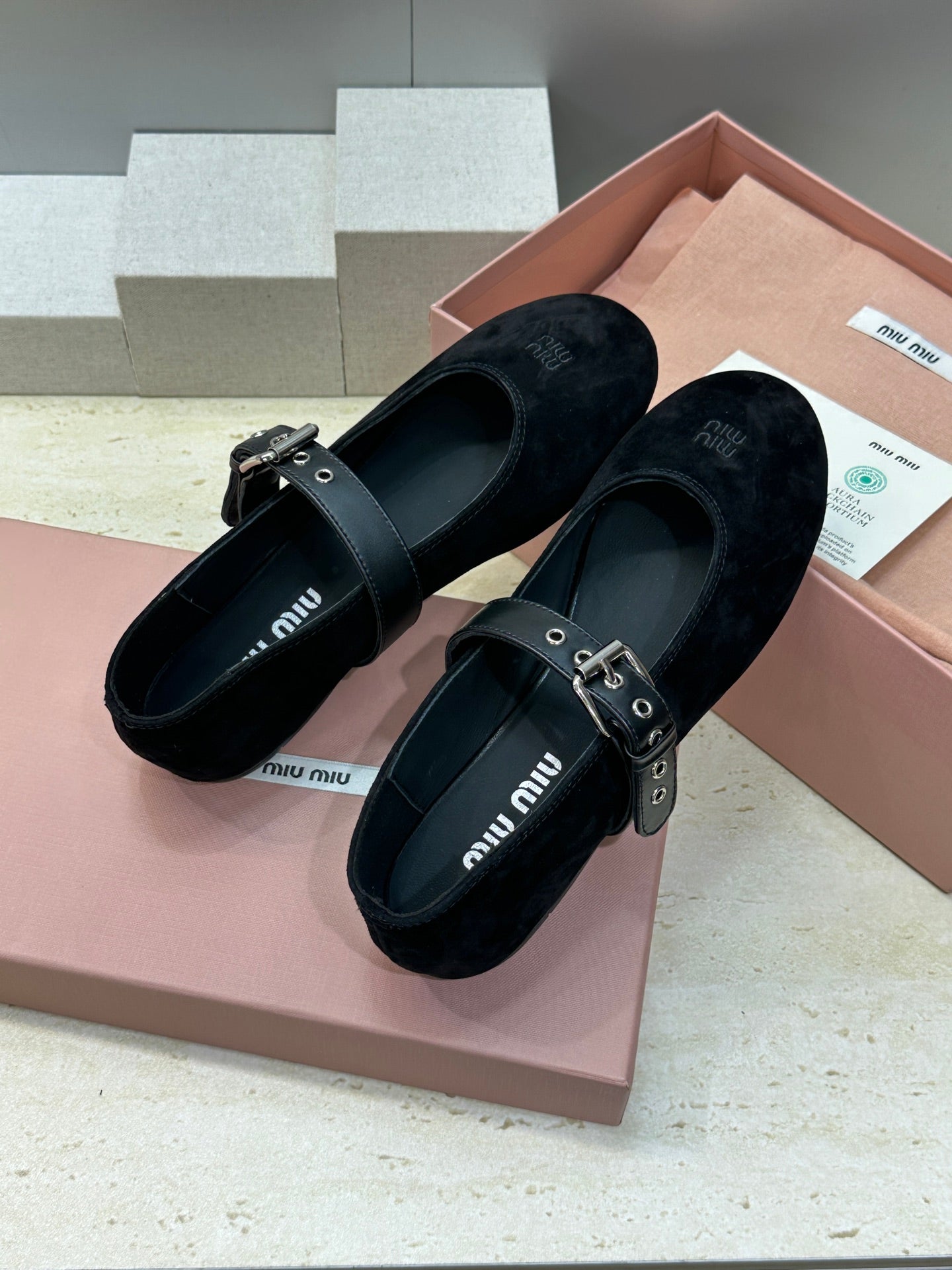 MIUMIU 26S MARY JANE FLATS IN BLACK SUEDE WITH BUCKLE STRAP CALFSKIN