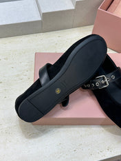 MIUMIU 26S MARY JANE FLATS IN BLACK SUEDE WITH BUCKLE STRAP CALFSKIN