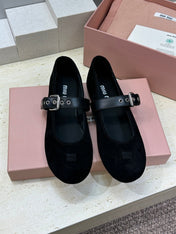 MIUMIU 26S MARY JANE FLATS IN BLACK SUEDE WITH BUCKLE STRAP CALFSKIN