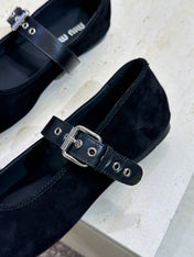 MIUMIU 26S MARY JANE FLATS IN BLACK SUEDE WITH BUCKLE STRAP CALFSKIN