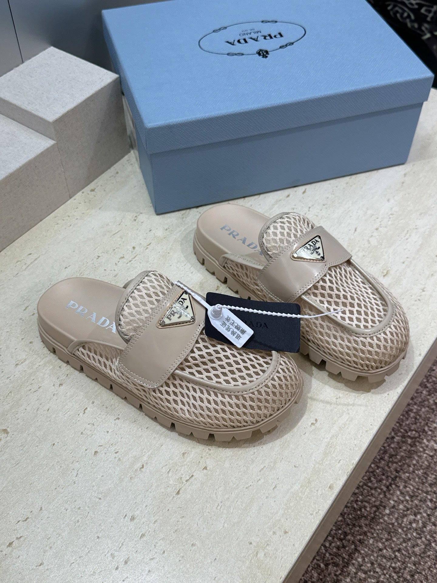 PRADA 26S MULE LOAFERS IN BEIGE MESH AND CALFSKIN