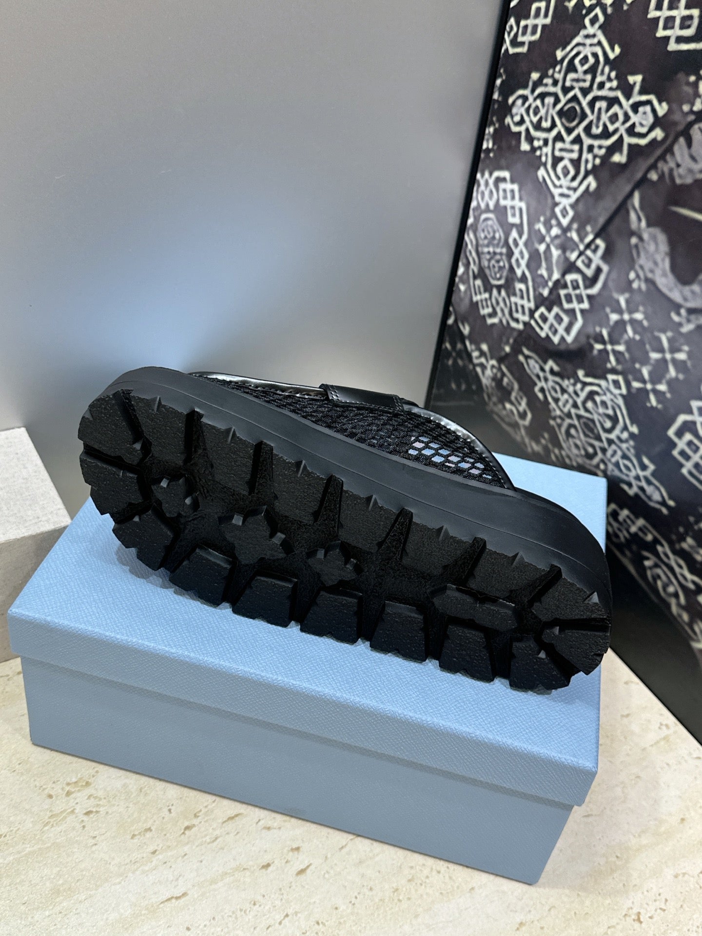 PRADA 26S MULE LOAFERS IN BLACK MESH AND CALFSKIN