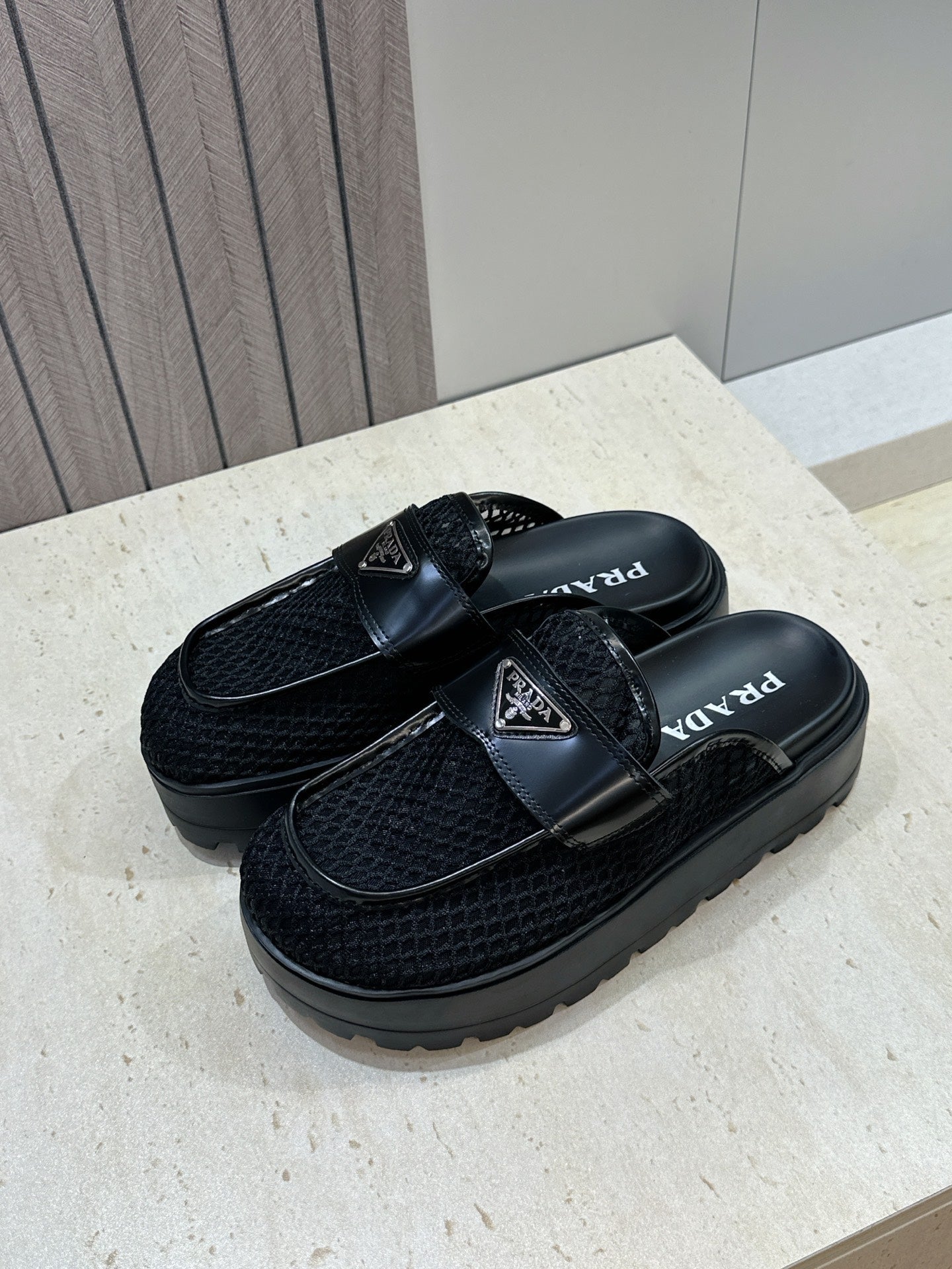 PRADA 26S MULE LOAFERS IN BLACK MESH AND CALFSKIN