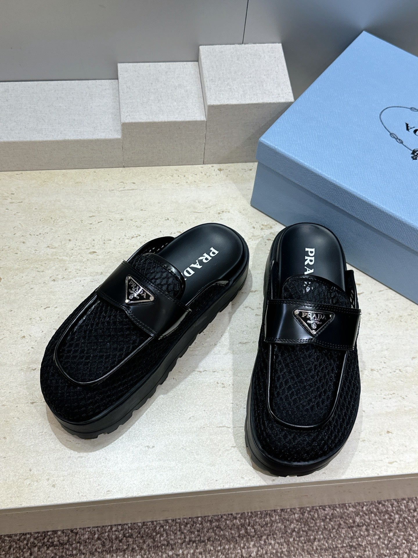 PRADA 26S MULE LOAFERS IN BLACK MESH AND CALFSKIN