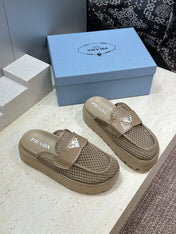 PRADA 26S MULE LOAFERS IN BROWN MESH AND CALFSKIN
