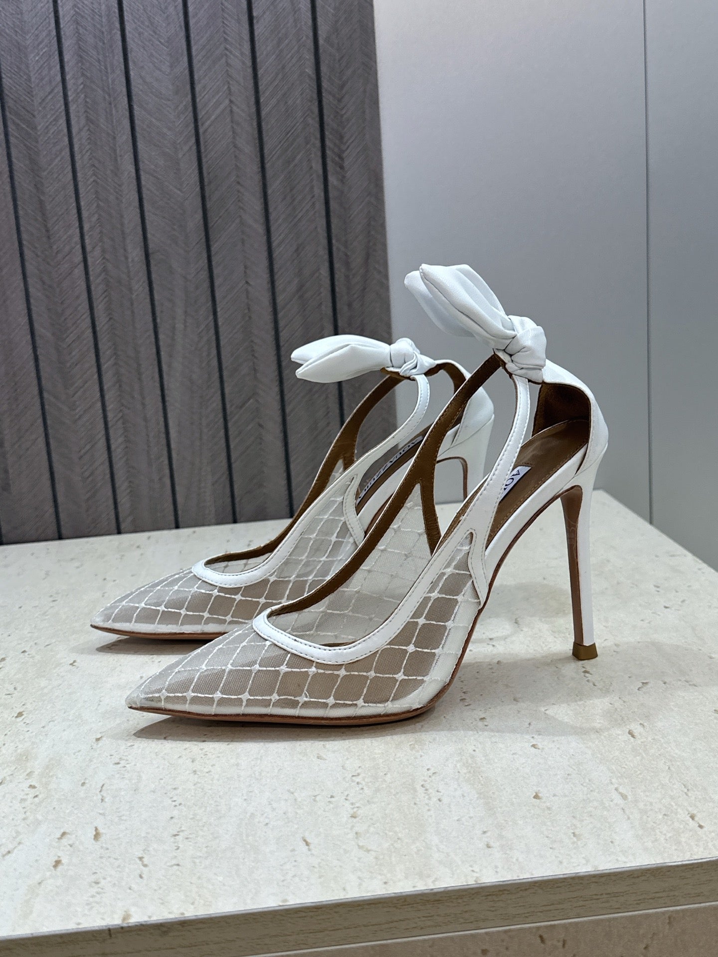 AQUAZZURA 26S SLINGBACK HEELS 105 MM IN WHITE MESH AND LAMBSKIN