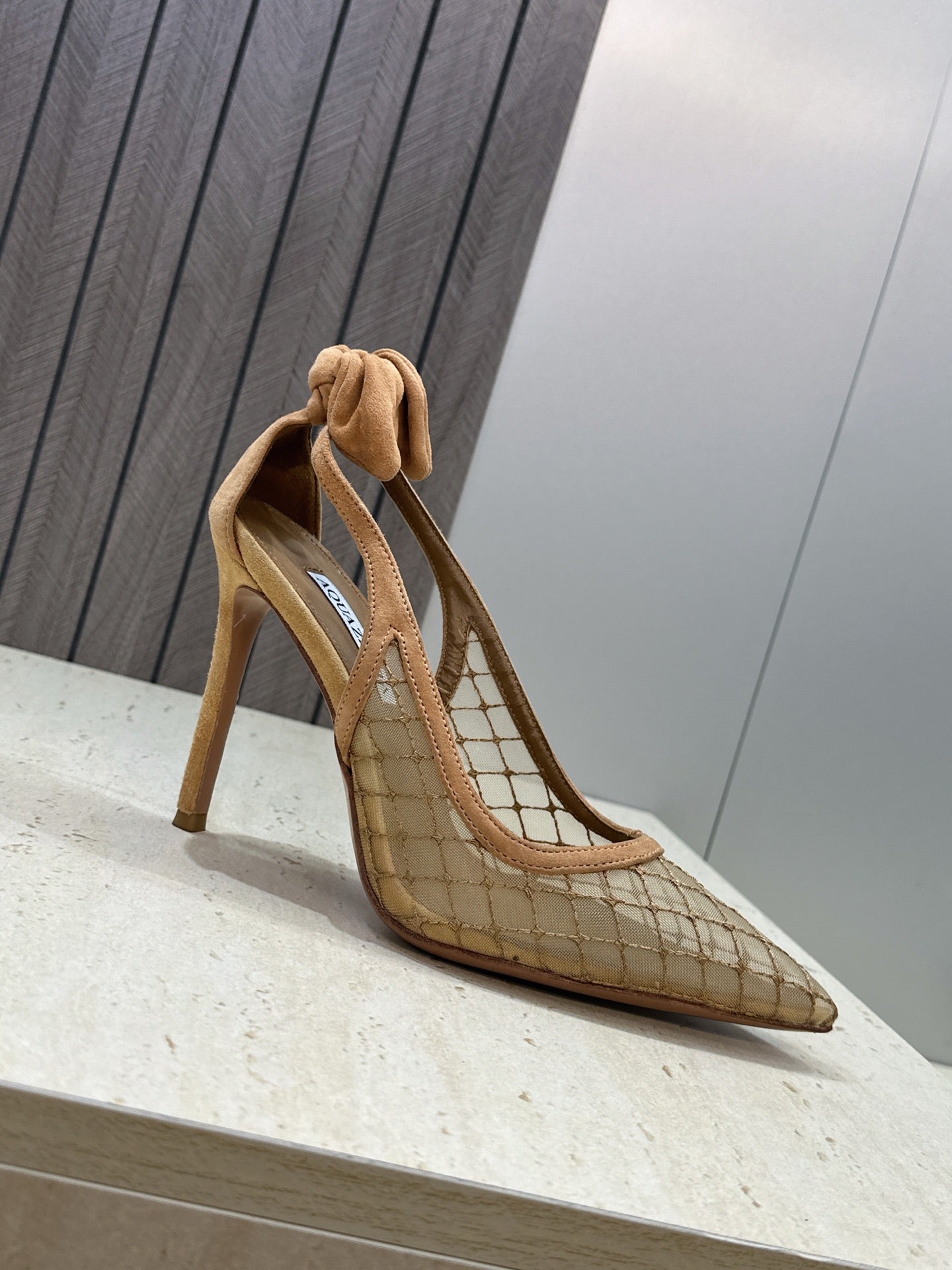AQUAZZURA 26S SLINGBACK HEELS 105 MM IN DARK BEIGE MESH AND SUEDE