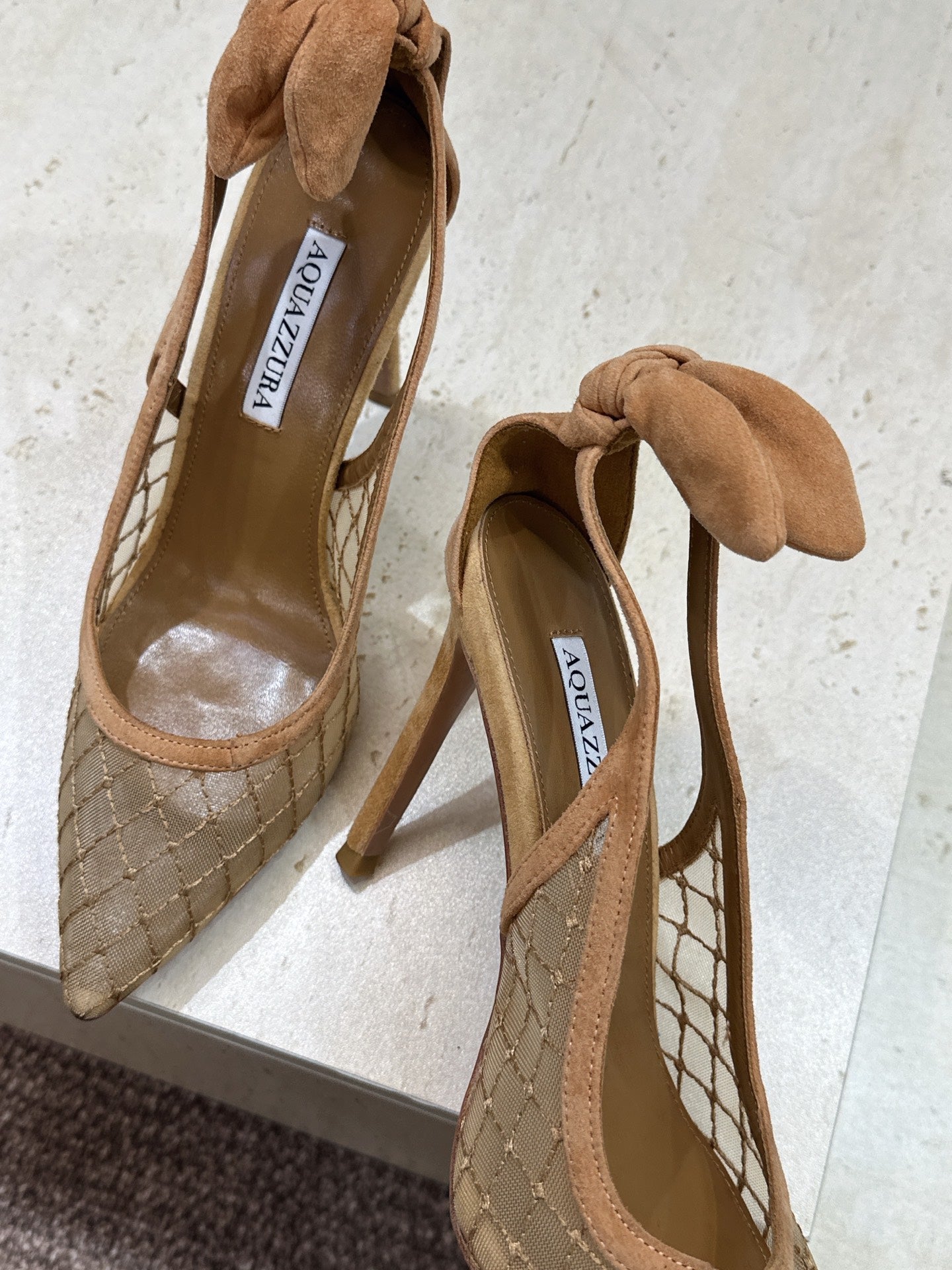 AQUAZZURA 26S SLINGBACK HEELS 105 MM IN DARK BEIGE MESH AND SUEDE