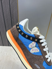 VALENTINO 26S BUTTERFLY EMBROIDERED SNEAKERS IN BROWN SUEDE & BLUE FABRIC