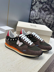 VALENTINO 26S BUTTERFLY EMBROIDERED SNEAKERS IN BROWN SUEDE & MOSS GREEN FABRIC