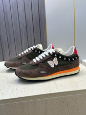 VALENTINO 26S BUTTERFLY EMBROIDERED SNEAKERS IN BROWN SUEDE & MOSS GREEN FABRIC