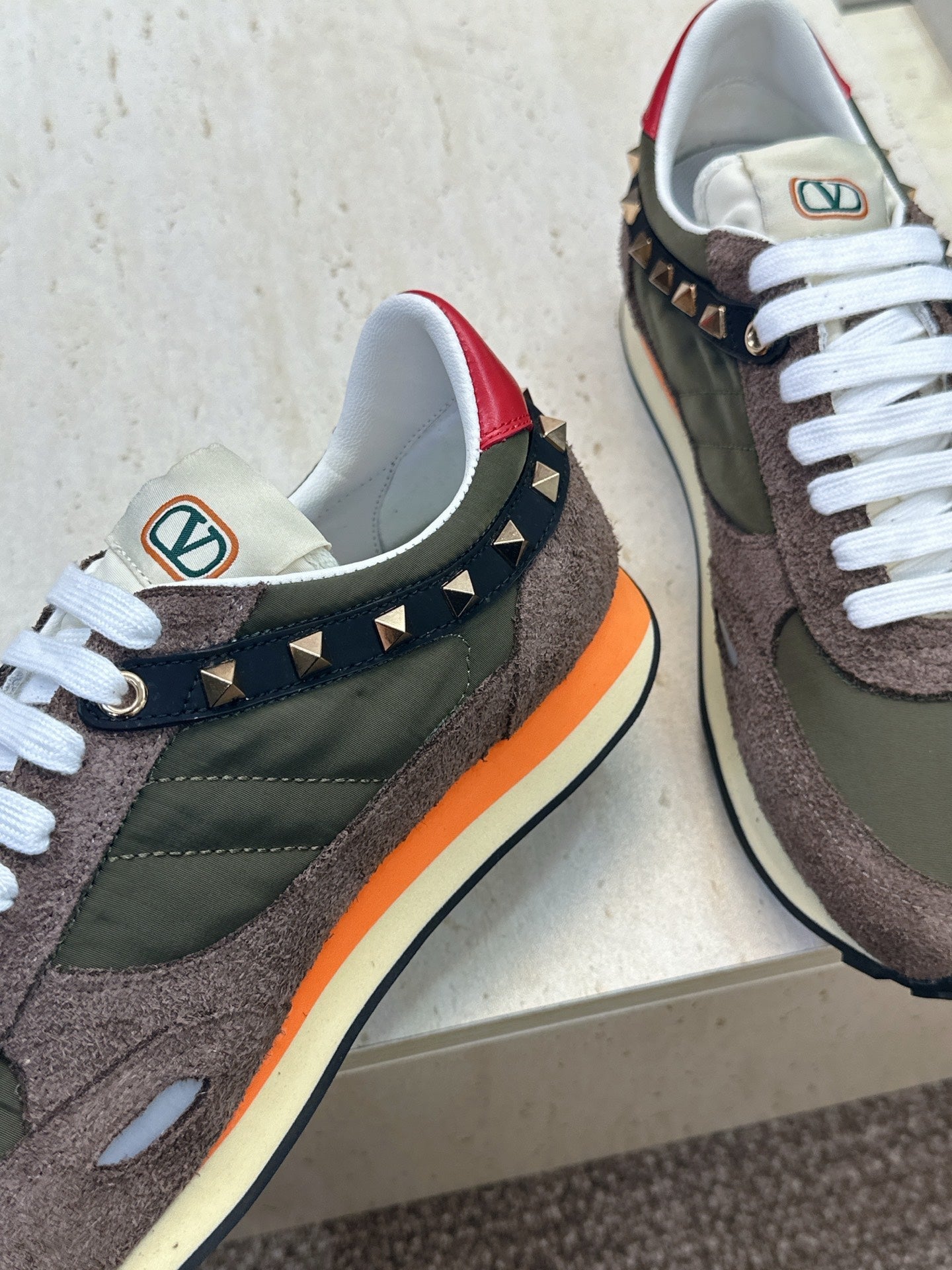 VALENTINO 26S BUTTERFLY EMBROIDERED SNEAKERS IN BROWN SUEDE & MOSS GREEN FABRIC