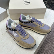 VALENTINO 26S BUTTERFLY EMBROIDERED SNEAKERS IN BEIGE SUEDE & PURPLE FABRIC