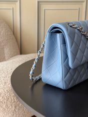 CHANEL 25S CLASSIC FLAP BAG 25 CM IN LIGHT BLUE LAMBSKIN WITH GOLD HARDWARE