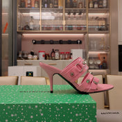 STRAPPY HIGH-HEELED SANDALS IN WEWAK PINK STUDDED WAX-OIL SHEEPSKIN