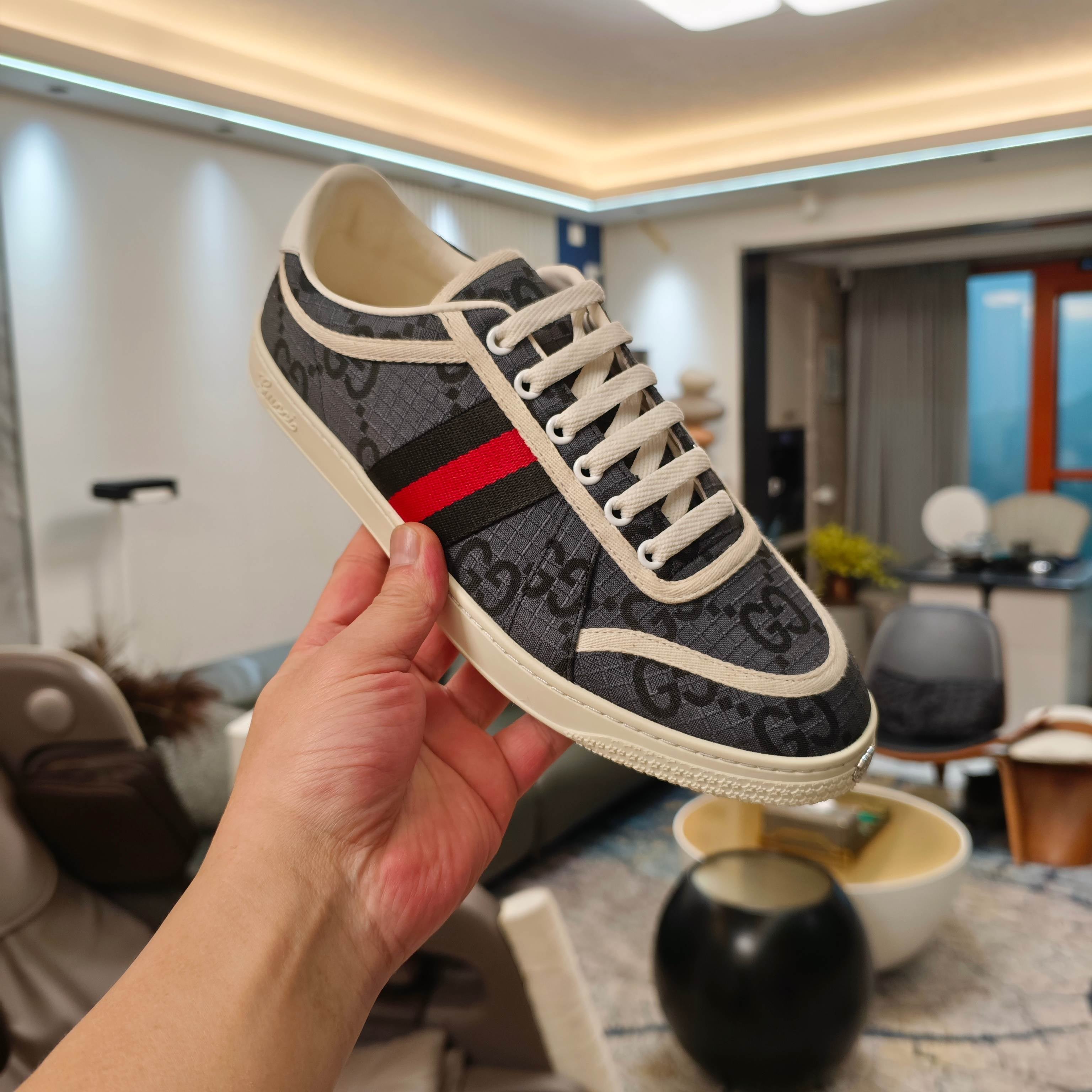 GUCCI 26S GG WEB SNEAKERS IN DARK GREY AND WHITE GG CANVAS