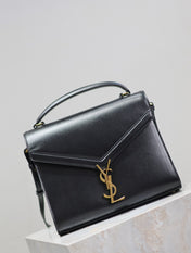 CASSANDRA TOP HANDLE BAG 24 IN BLACK SMOOTH LAMBSKIN GOLD HARDWARE