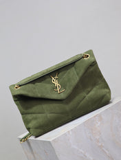 YSL 25S LOULOU PUFFER MM 29 IN GREEN SUEDE GOLD HARDWRE