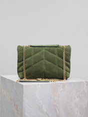 YSL 25S LOULOU PUFFER MINI 23 IN GREEN SUEDE GOLD HARDWARE
