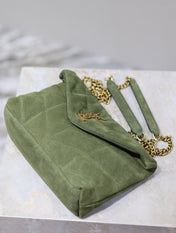 YSL 25S LOULOU PUFFER MINI 23 IN GREEN SUEDE GOLD HARDWRE