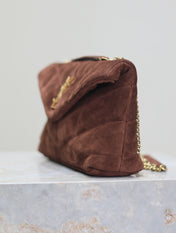 YSL 25S LOULOU PUFFER MINI 23 IN DARK BROWN SUEDE GOLD HARDWARE