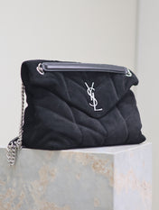 YSL 25S LOULOU PUFFER GM 35 IN BLACK SUEDE SILVER HARDWARE