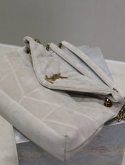YSL 25S LOULOU PUFFER GM 35 IN SMOKEY TAUPE SUEDE GOLD HARDWRE