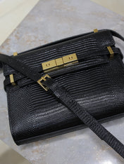 YSL 25S MINI MANHATTAN 19 IN BLACK SHINY CROCODILE CALFSKIN GOLD HARDWARE